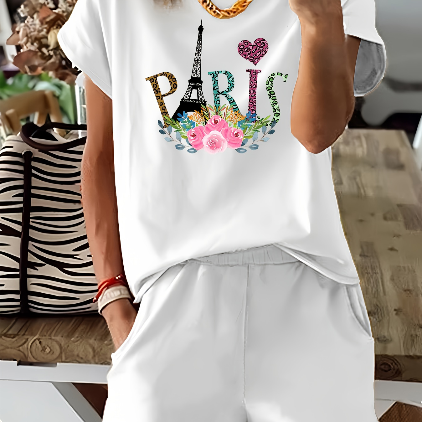 

Eiffel Tower Print 2 Piece Set, Short Sleeve T-shirt & Shorts, Women's Clothing