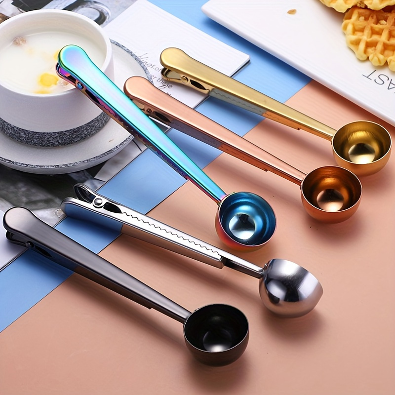 

1pc, Stainless Steel Coffee Measuring Spoon With Clip, Multifunctional Two-in-one Food Sealing Clip, Milk Powder Spoon, Kitchen Gadgets