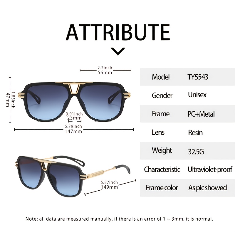 Oversized Square Aviator Sunglasses for Men Women Pilot Shades Golden Frame Vintage Sun Glasses,Temu