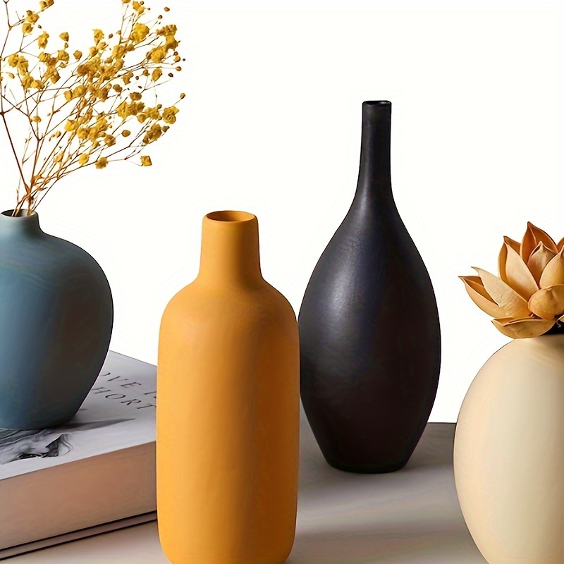 

4pcs, Ceramic Vases Set, Minimalist Style, Black, Yellow, Blue, Colors, Rustic Home Decor, , Living Room, Shelf, Tabletop, Bookshelf, Mantle And Entryway Decor, Artistic Gift For