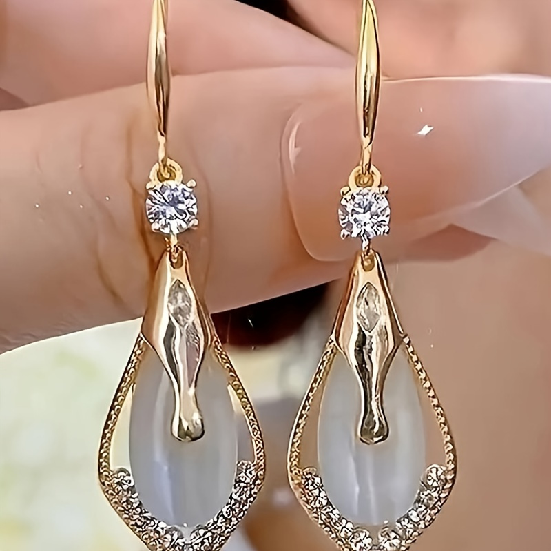 

1 Pair Elegant Alloy Drop Earrings With Zirconia Accents, Copper Ear Needle, Golden-tone, Grace Theme - Ideal For Christmas, , Valentine's Day Gifts And