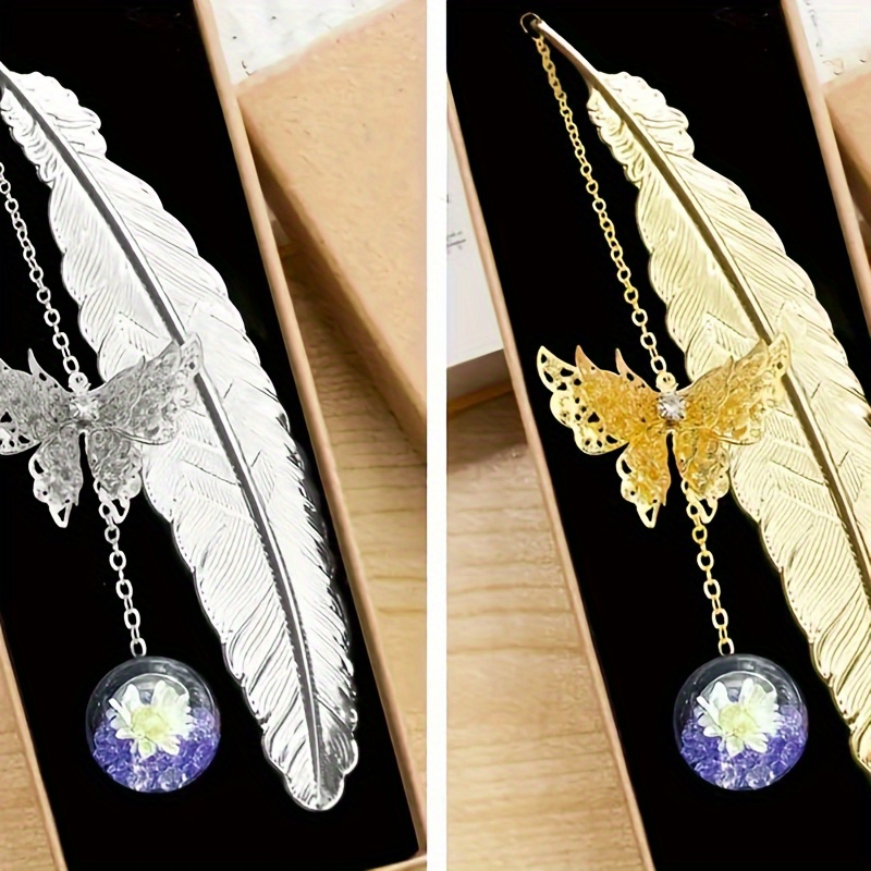 

Chinese Feather Bookmark With Creative Dried Flower And Butterfly Pendant - Elegant Metal Feather Bookmark With Dried Flower & Butterfly Pendant - Premium Reading Accessory For Office And Use