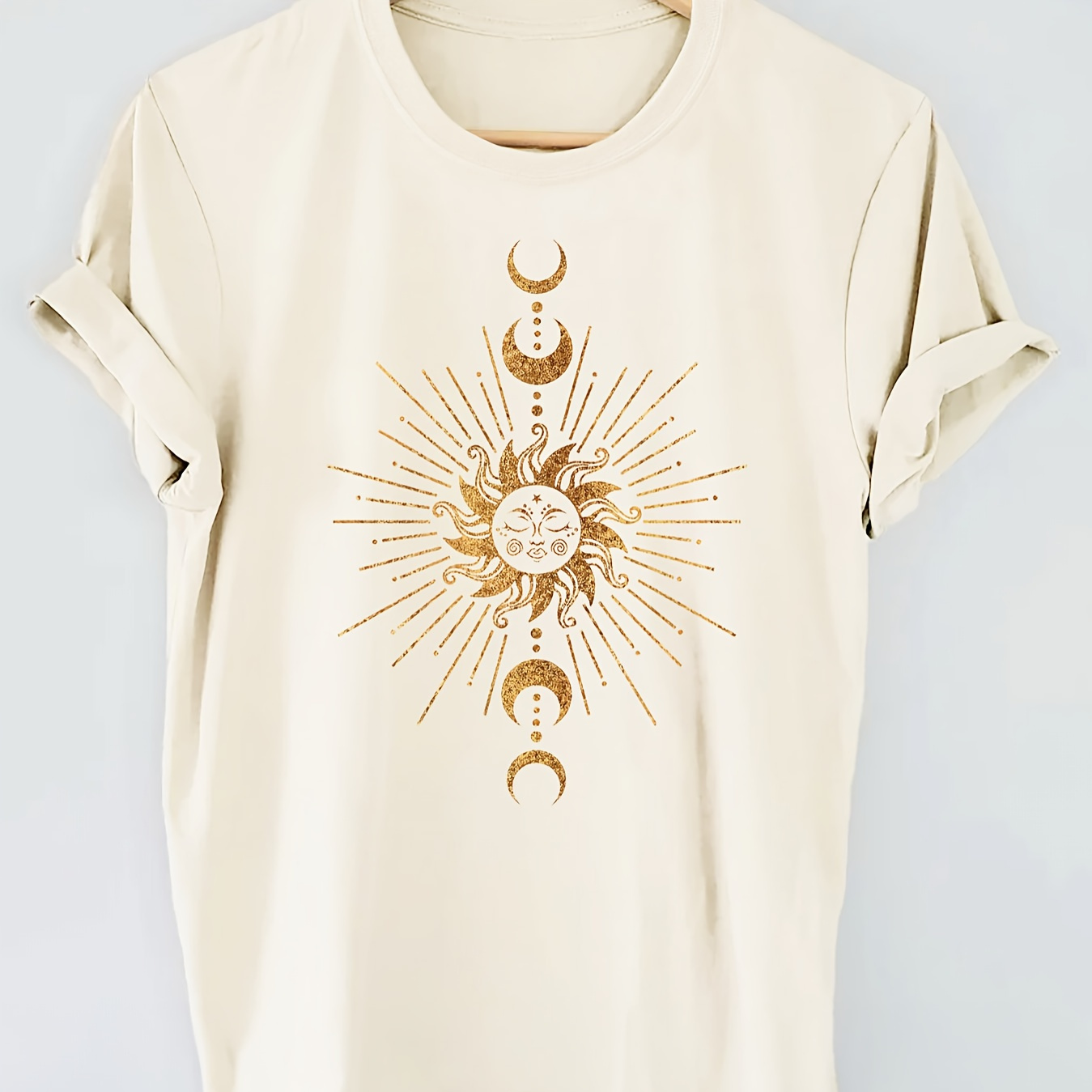 

Sun & Moon Print T-shirt, Short Sleeve Crew Neck Casual Top For Summer & Spring, Women's Clothing