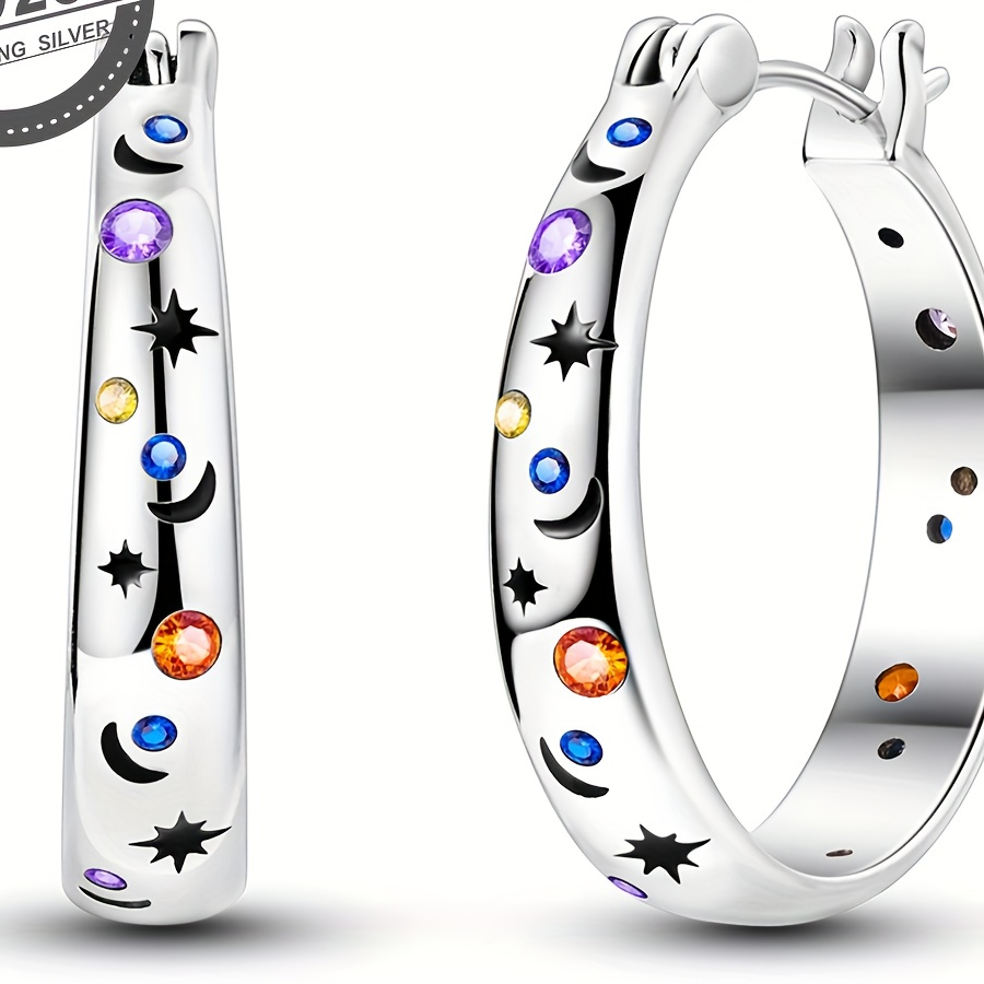 

S925 Sterling Silver Starry Night Hoop Earrings For Women, Hypoallergenic Elegant Sexy Celestial Theme With Synthetic Cubic Zirconia, No Plating, Daily And Festival Wear, All-season - 1pc