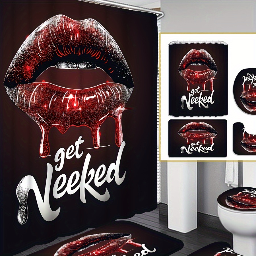 

Lips & Letter Printed Bathroom Set: 70.8in X 70.8in Shower Curtain, Bath Mats, And Toilet Seat Covers - Includes Hooks