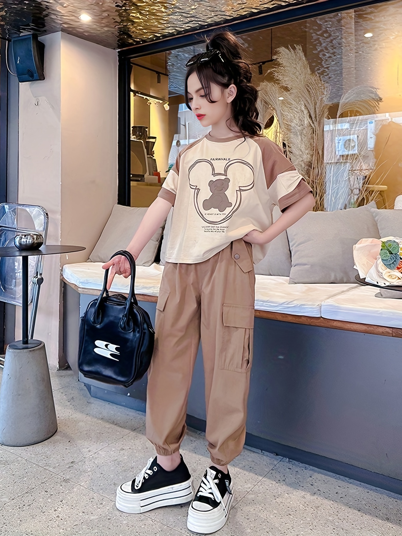 2pcs Girls' Trend Bear Graphic Short Sleeve T-Shirt And Casual Cargo Pants  Set Kid/ Preteens Fashion Suit Outfit
