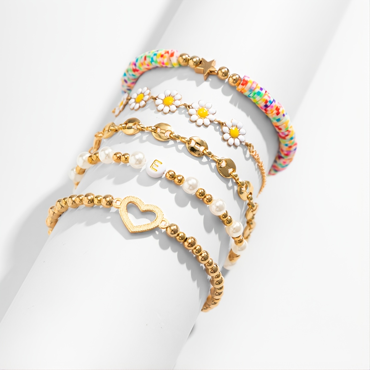 Flower & Faux Pearl Decor Beaded Bracelet Bead-string Bracelet Jewelry  Accessory