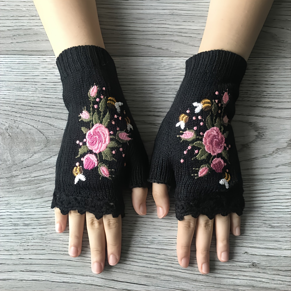 Guantes Bordados De Flores Hechos A Mano, Guantes De Punto Sin Dedos Para Mujer, Guantes De Escritura A Prueba De Frío Para Otoño E Invierno