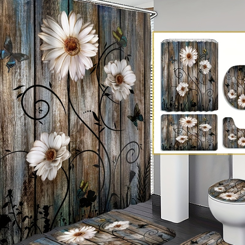 

4pcs Wood Board And Flower Curtain Shower Curtain Decoration, Beautiful Housewarming Gift Decoration, Waterproof Shower Curtain And Toilet Floor Mat Three-piece Set Comes With 12 Shower Curtain Hooks