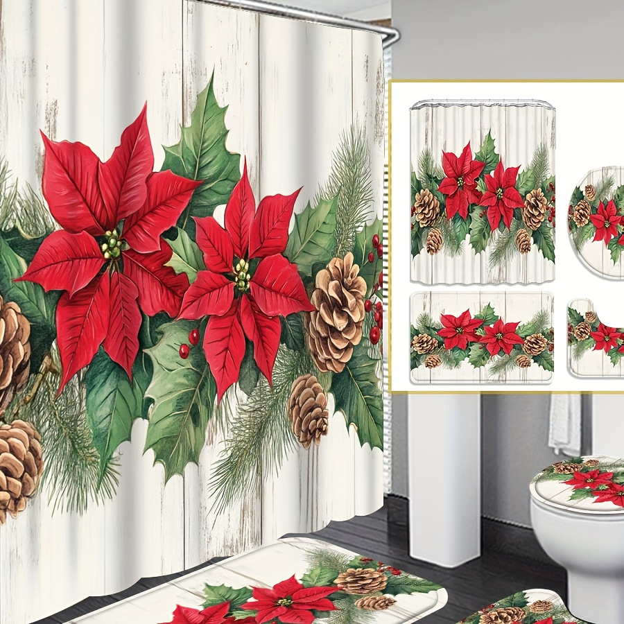 

1pc/4pcs Christmas , - Pattern Shower Curtain, Decoration, Shower Curtain Set 12 , Bathroom Carpet, U-shaped Mat, Mat, Bathroom Decoration