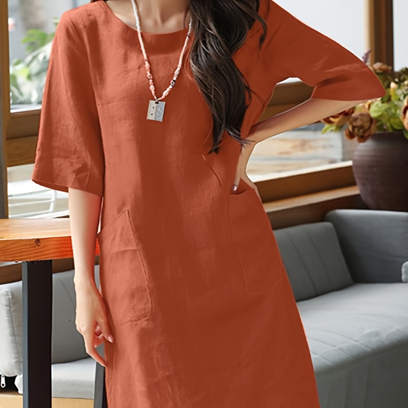 

Solid Short Sleeve Dress, Casual Crew Neck Dual Pockets Sack Dress, Women's Clothing