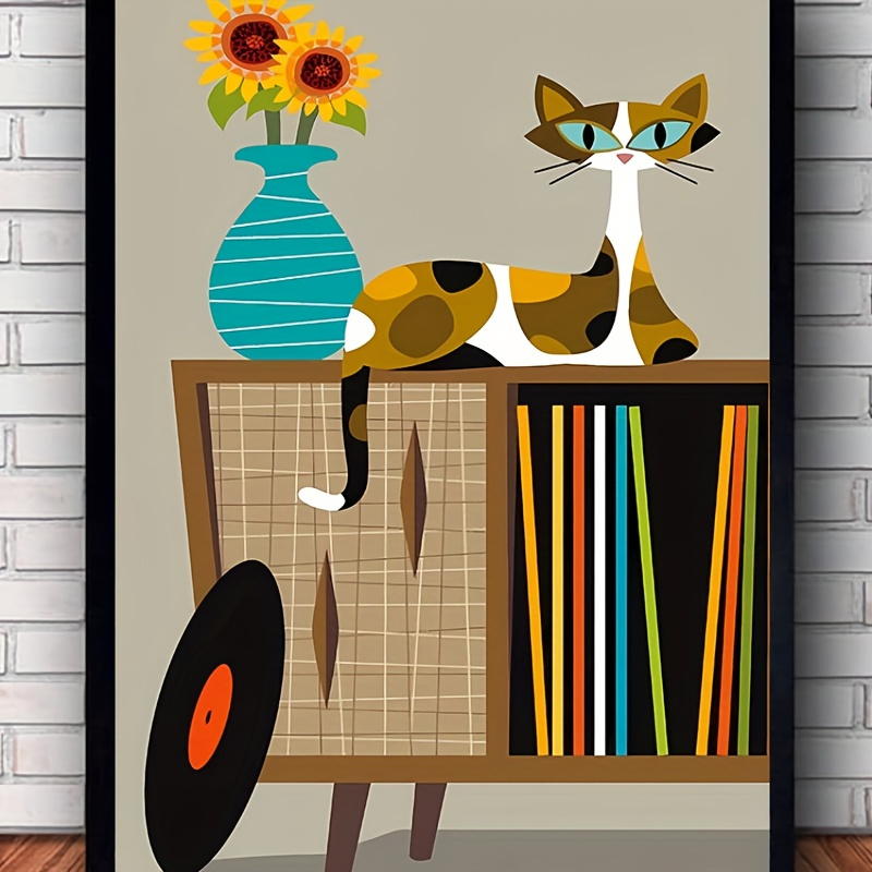 

Chic Canvas Art Print - Mid-century Modern Wall Decor, & Old Record Player Design, Perfect Gift For Cat Lovers