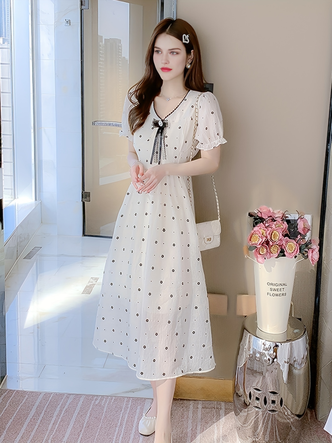 Floral Print Puff Sleeve Dress Elegant V Neck Summer Dress - Temu Canada