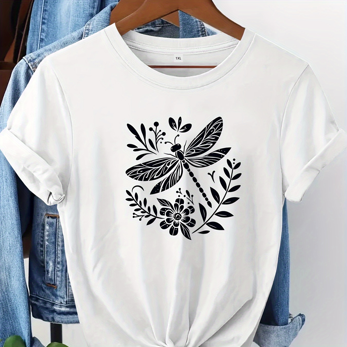 

T-shirt imprimé dragonfly grande taille, haut décontracté à manches courtes et col rond pour /été, vêtements grande taille pour femmes