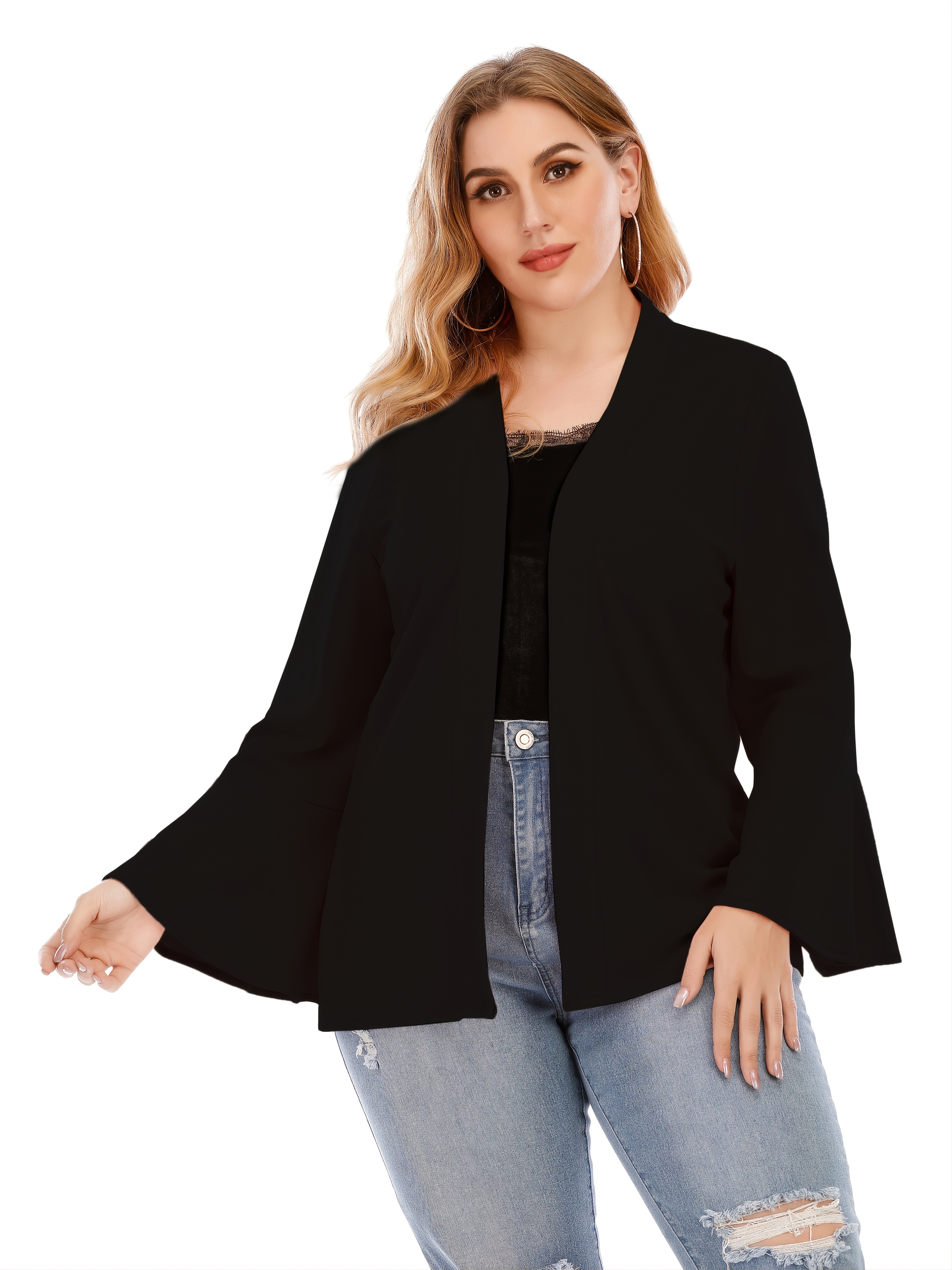 Plus Size Solid Bell Sleeve Cardigan Coat, Women's Plus Casual Drop  Shoulder Coat