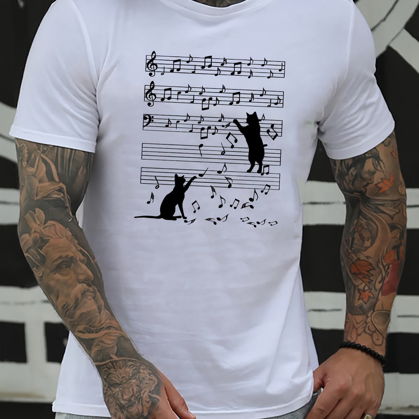 

Cat And Music Note Print Men's Crew Neck T-shirt, Short Sleeve Versatile Casual Summer Clothes