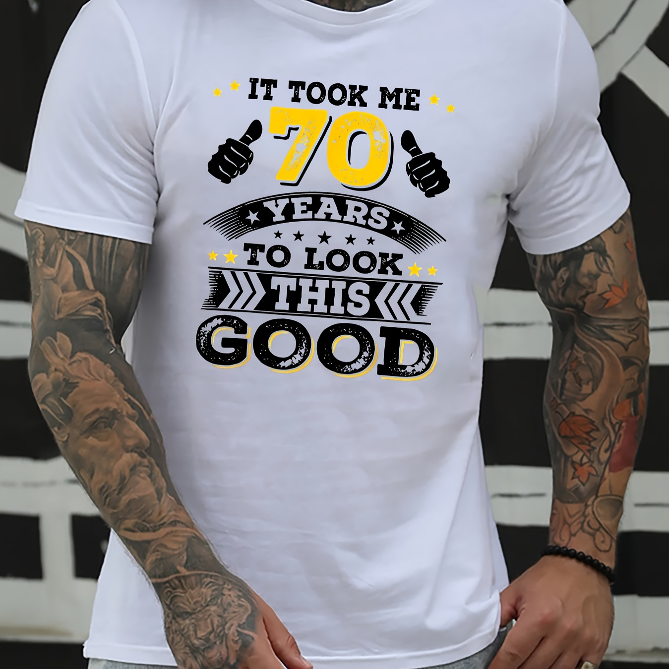 

It Took Me 70 Years To Look This Good Letter Graphic Print Men's Creative Top, Casual Short Sleeve Crew Neck T-shirt, Men's Clothing For Summer Outdoor