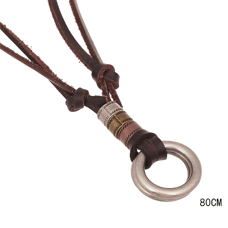 Double Ring Leather Men's Necklace Coffee