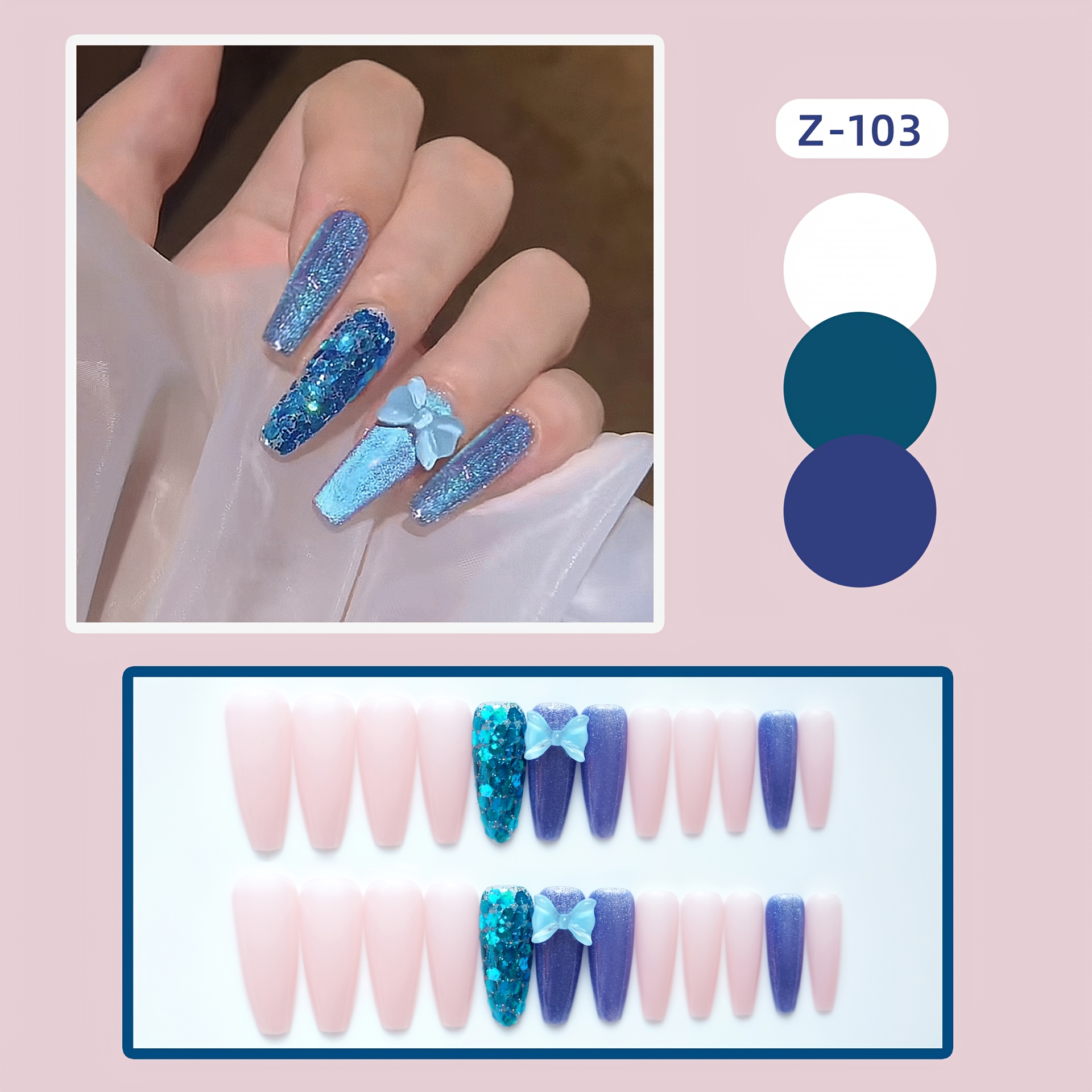 Blue Heart Fake Nails with 3D Bows Ballerina Full DIY Artificial False Nails