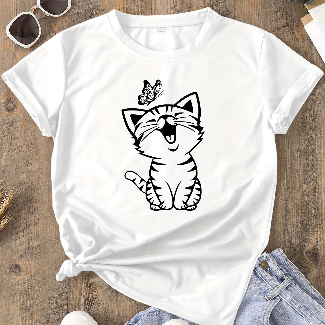 

Cat Print T-shirt, Short Sleeve Crew Neck Casual Top For Summer & Spring, Women's Clothing