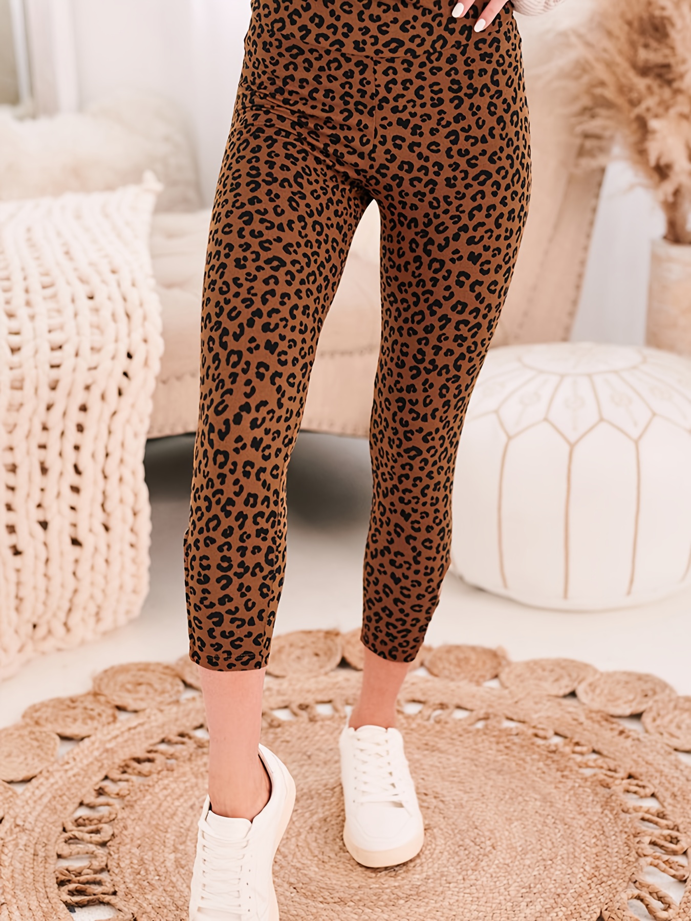 Colorblock Leopard Print Leggings Casual High Waist Elastic - Temu