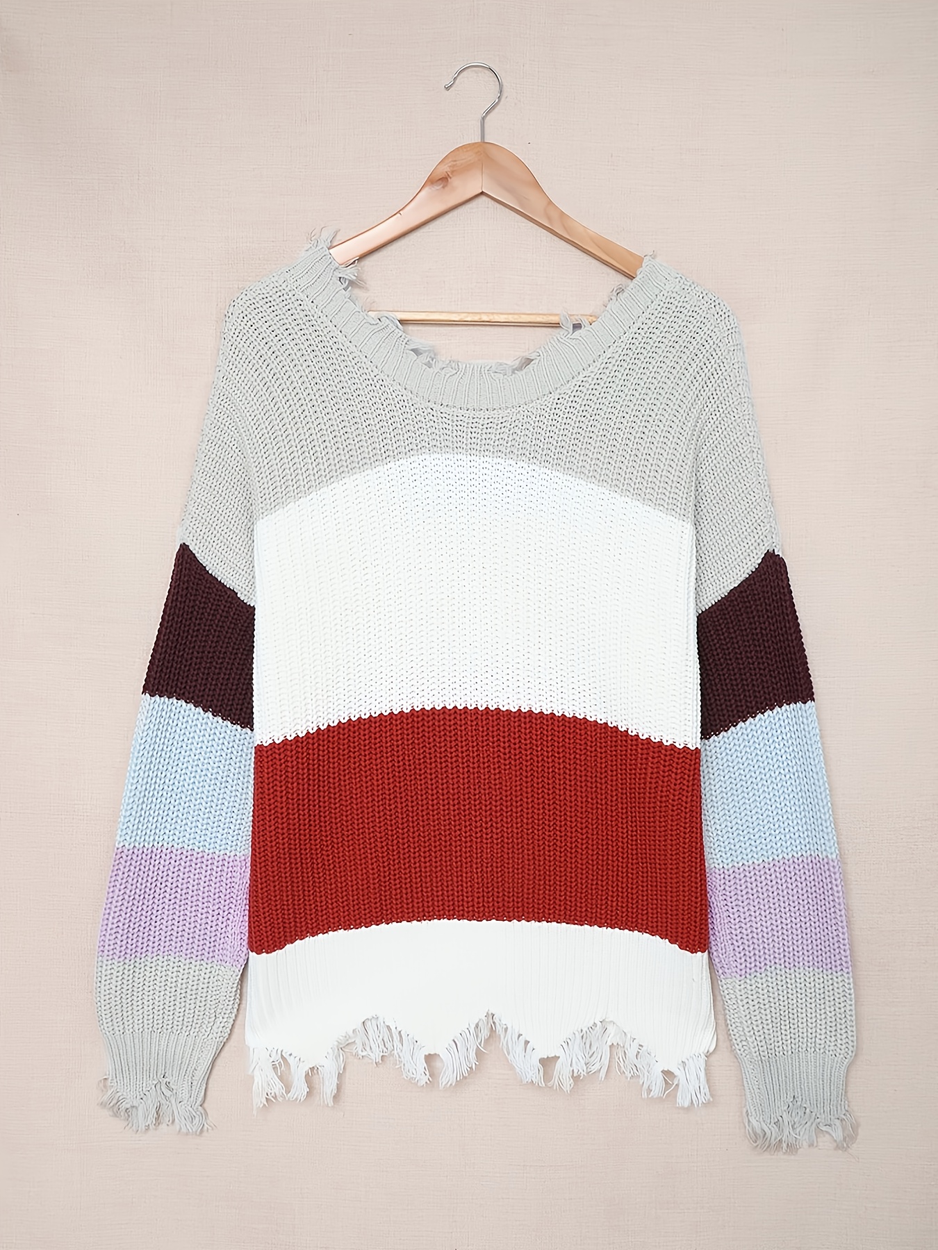 Drop shoulder colorblock discount distressed hem sweater