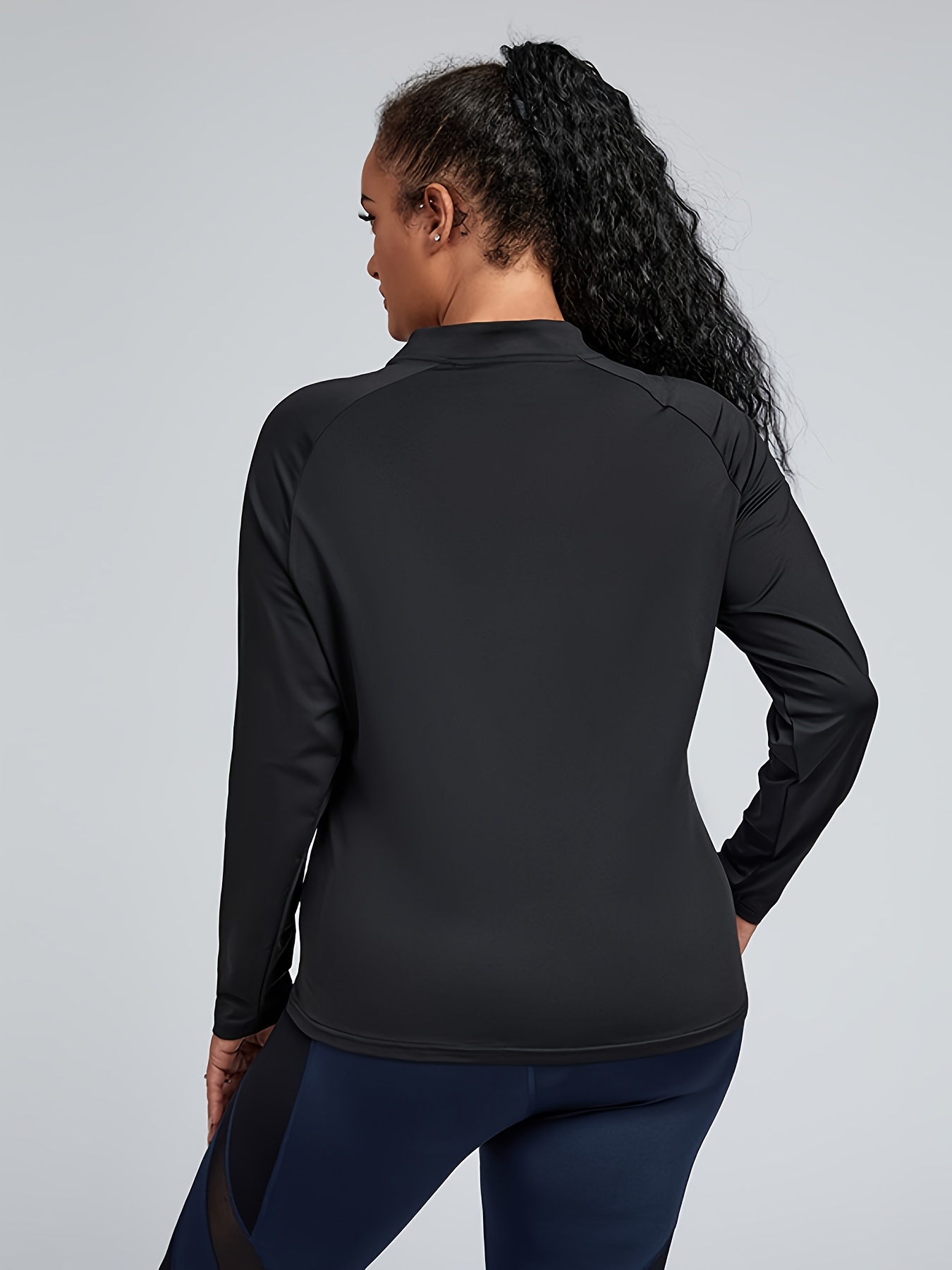 Plus Size Quick-Dry Drawstring Long Sleeve Breathable Sports Tee, Women's  Plus Slight Stretch Solid Running Workout Tops