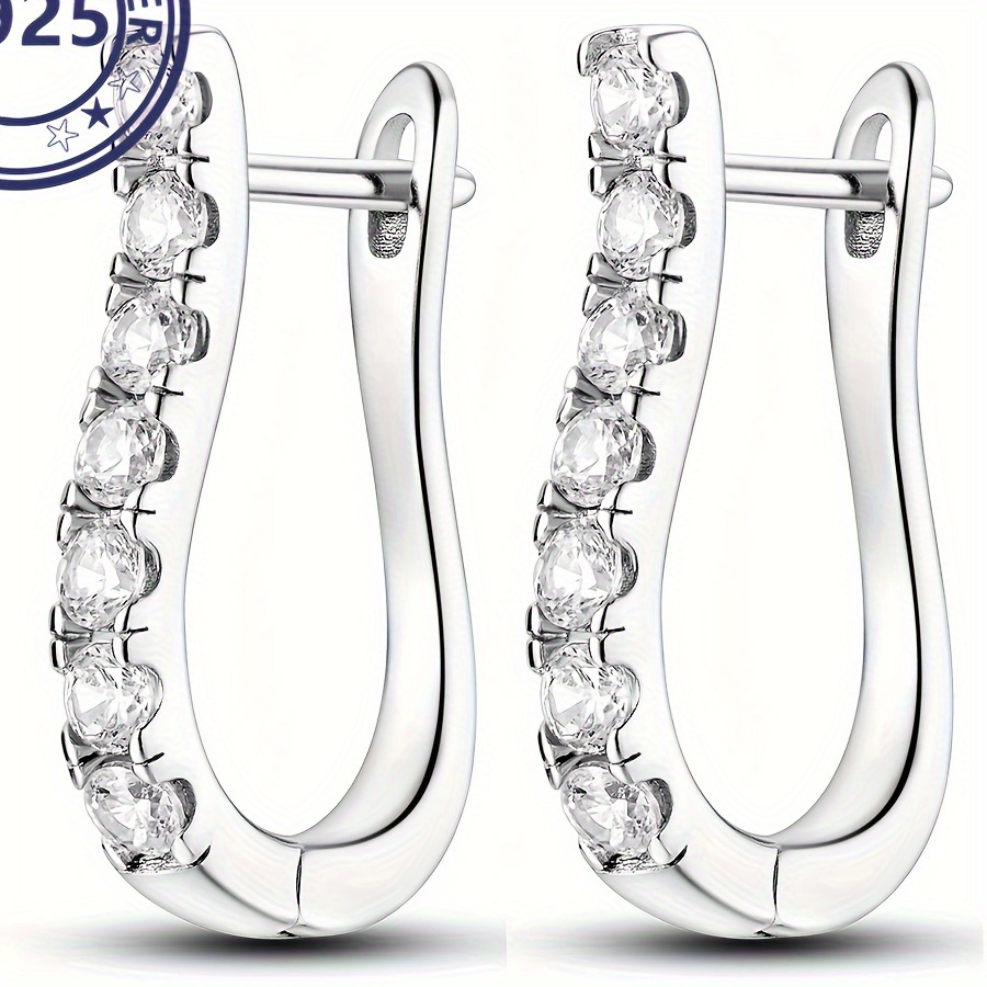 

S925 Sterling Silver 4.04g Horseshoe Outline Earrings With White Zircon, Hypoallergenic Simple Luxury Jewelry For Women, Elegant Minimalist Style