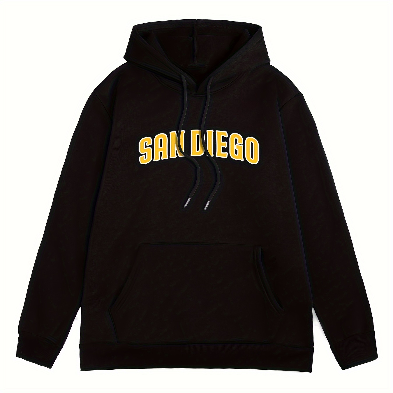 

Yellow San Diego Print Hoodie, Cool Sweatshirt For Men, Men's Casual Hooded Pullover Streetwear Clothing For Spring Fall Winter, As Gifts