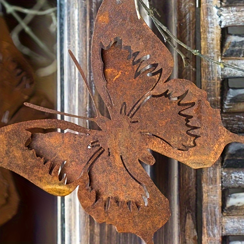 

Set Of 2 Rustic Butterfly Wall Art - Durable Iron Metal Craft With Vintage Rust Finish, Versatile Stake & Wall Hanging Decor For Garden, Patio, Outdoor Weatherproof Artistic Charm