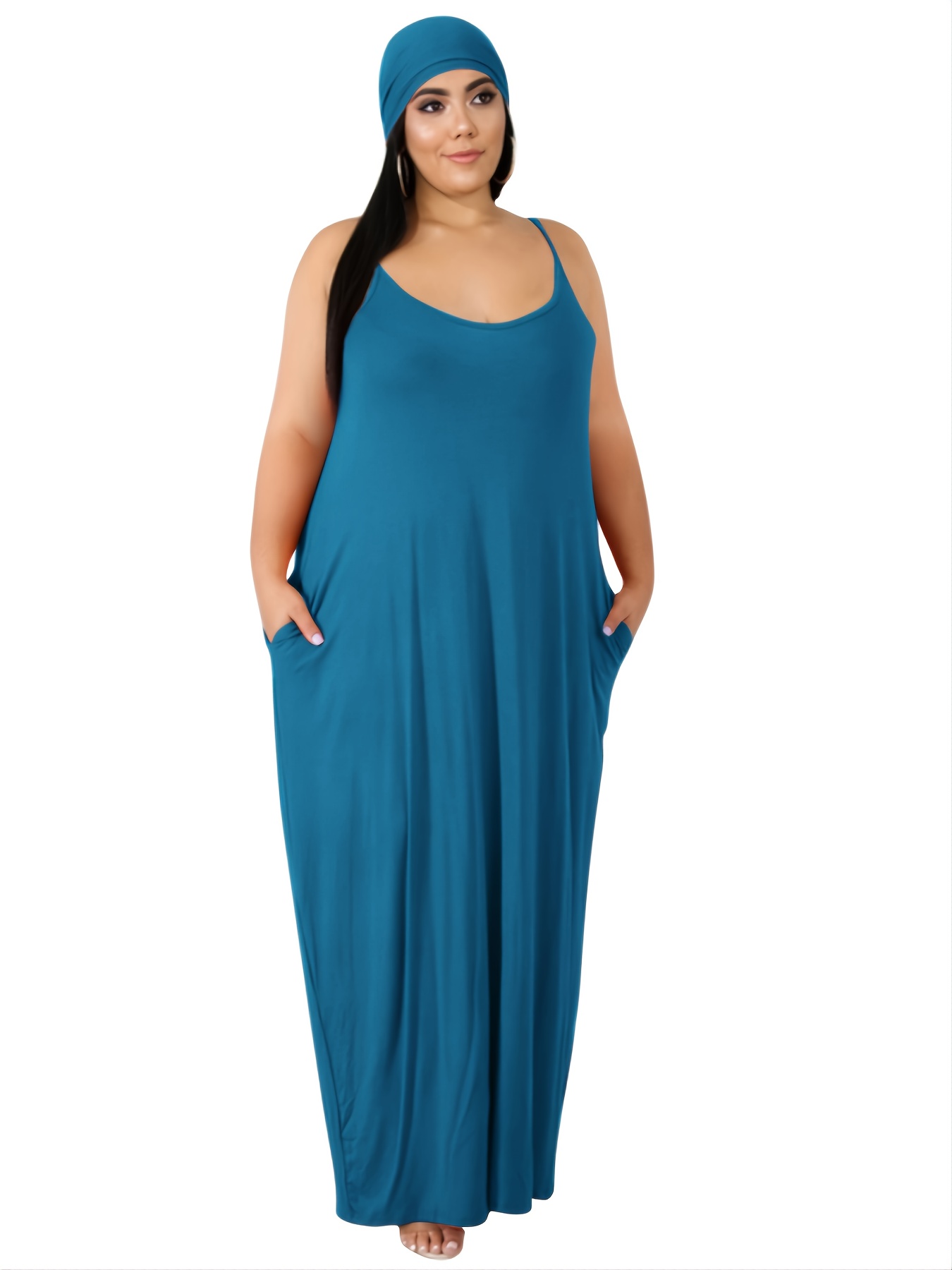 Plus Size Solid Cami Maxi Dress Pocket Women's Plus Elegant - Temu