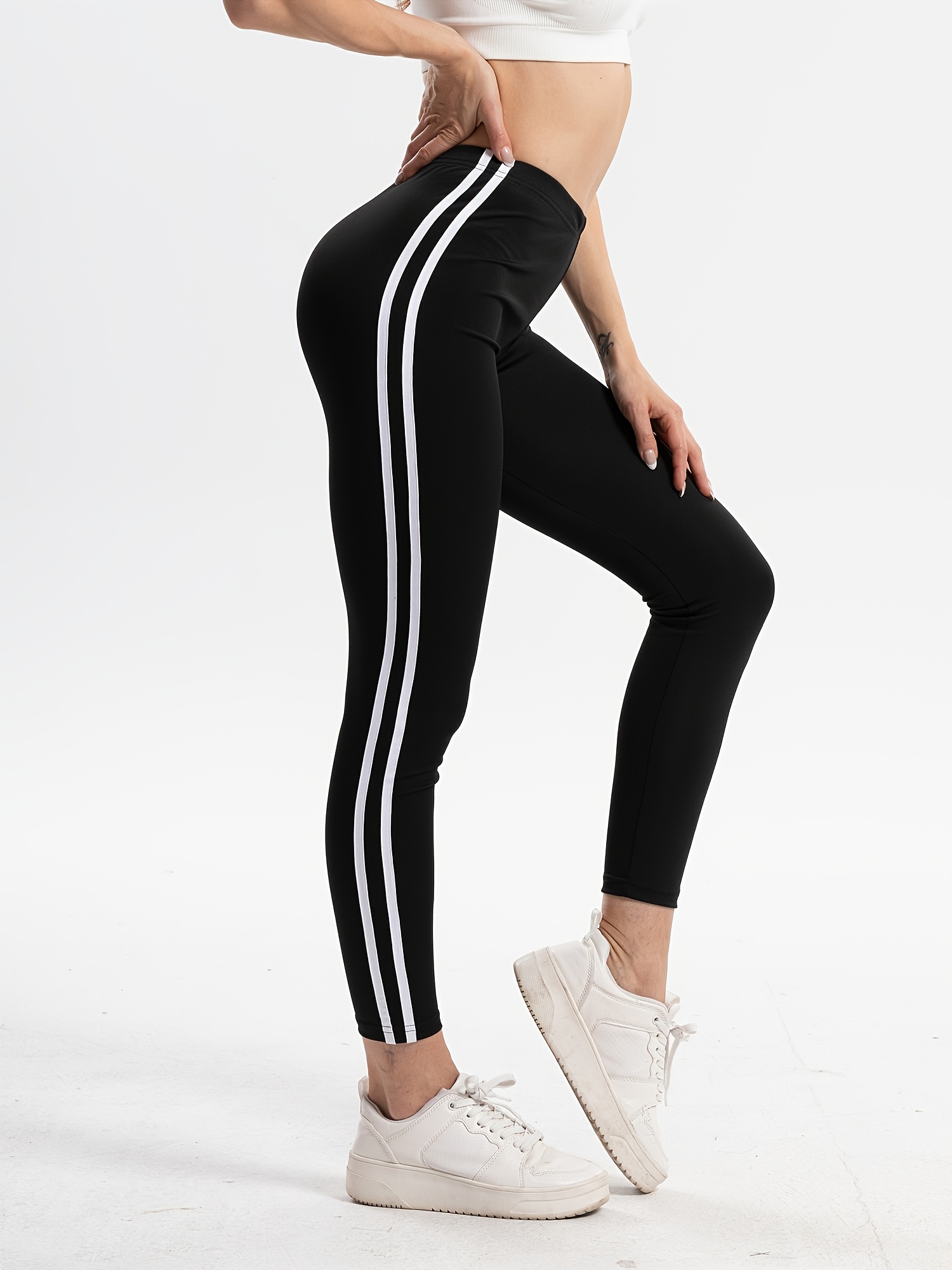 Black and White Vertical Striped Leggings, Women's Yoga Gym