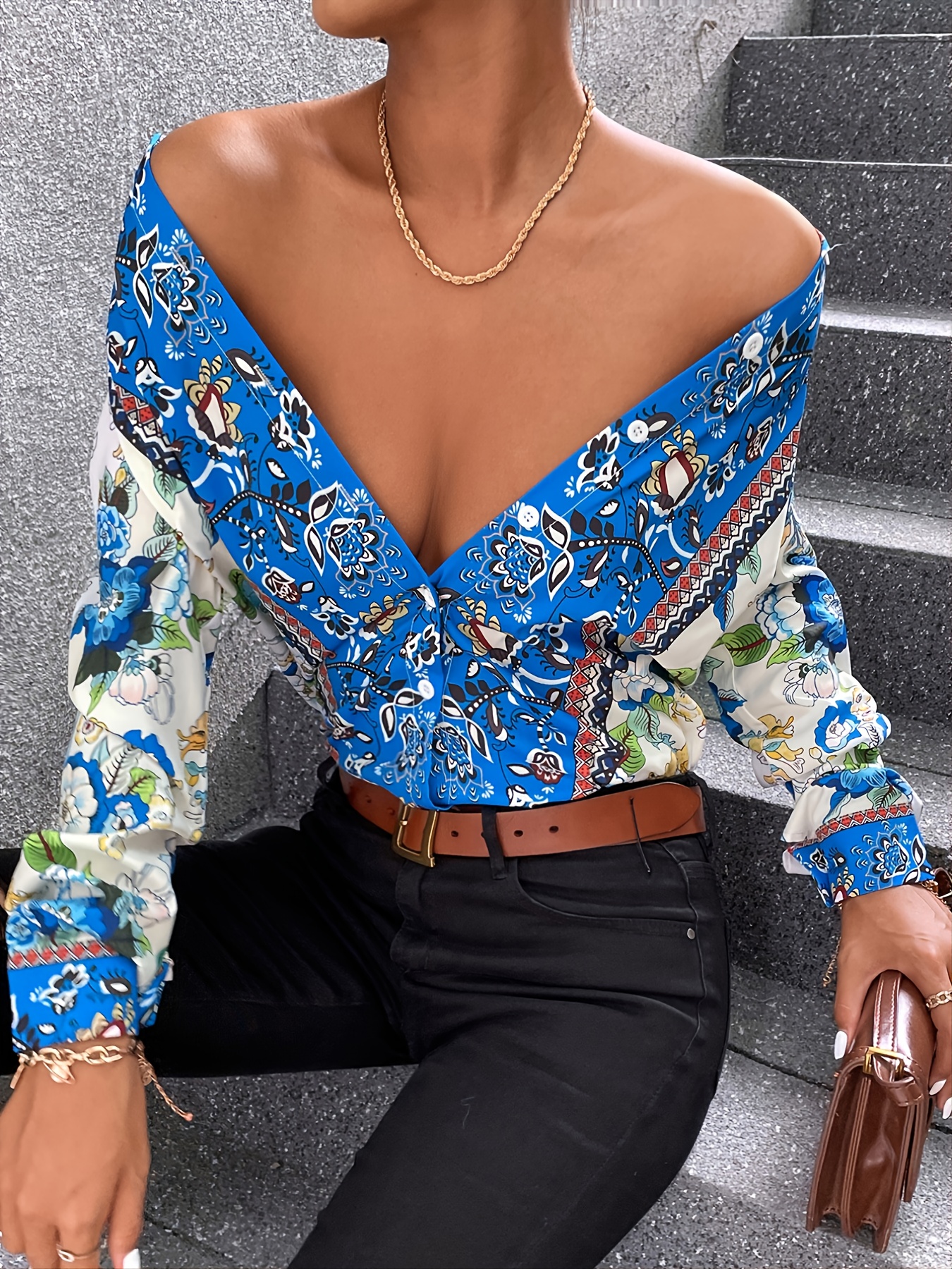 Blusa Elegante Estampado Floral Blusa Manga Larga Botones - Temu