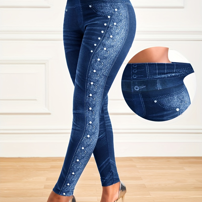 

1pc Women's High-waist Tummy Control Yoga Pants, Faux Denim Gradient Print With Pearl Embellishments, Fashionable Booty Lift Leggings, Sport Style