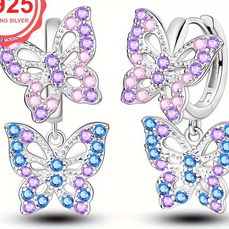 

S925 Sterling Silver Hypoallergenic Sparkling Butterfly Earrings, Ethnic & Minimalist Style, 4.48g Fashion Jewelry, Perfect Gift For Her