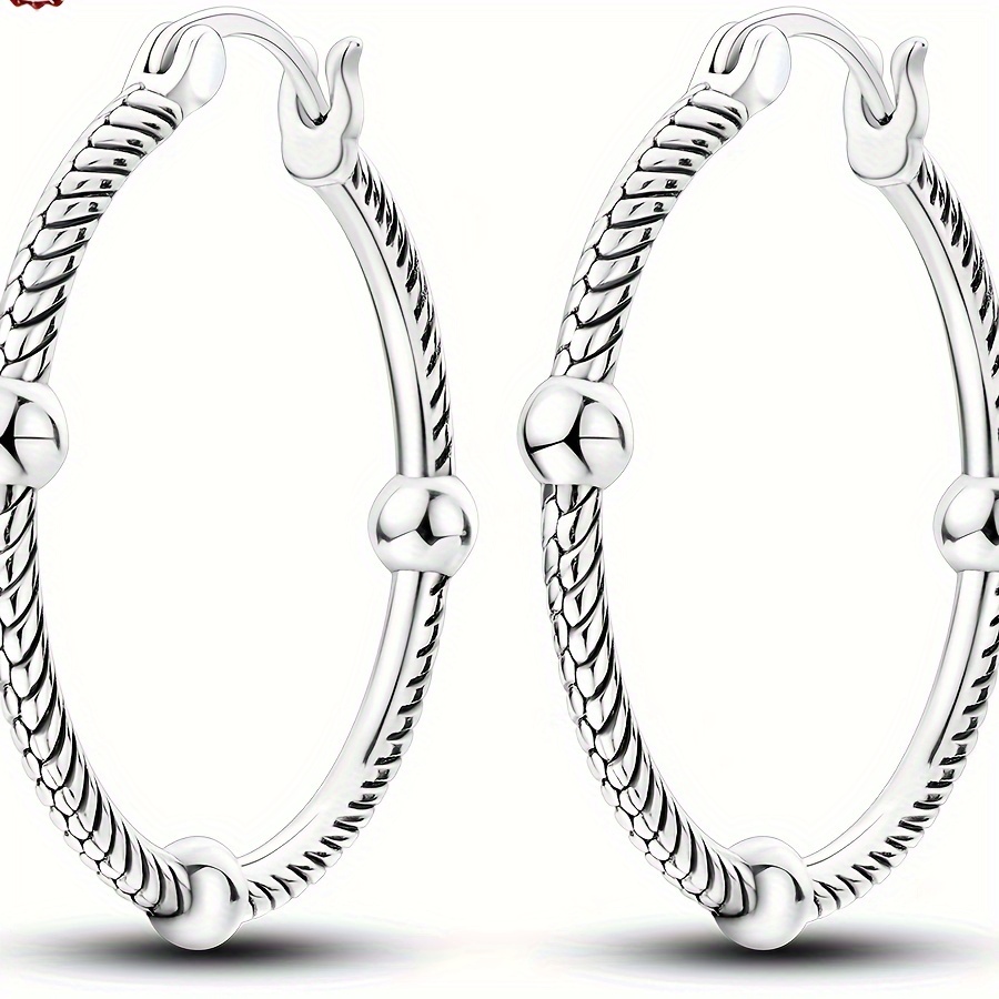 

925 Sterling Silver Classic 3 Ball Snake Bone Hoop Earrings, A Pair Of Fashion Stylish Cute Jewelry Suitable For Daily Wear, Holiday, Parties