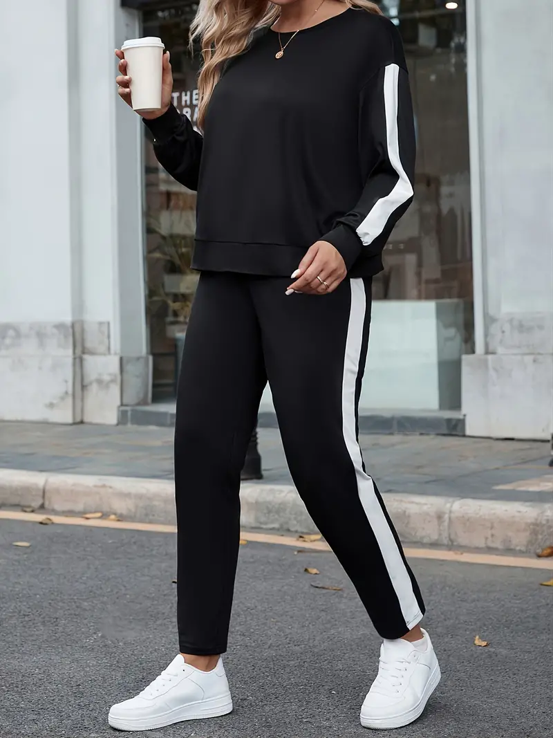 Plus Size Colorblock Long Sleeve Sweatshirt & Sweatpants Set, Women's Plus  Medium Stretch Activewear Set