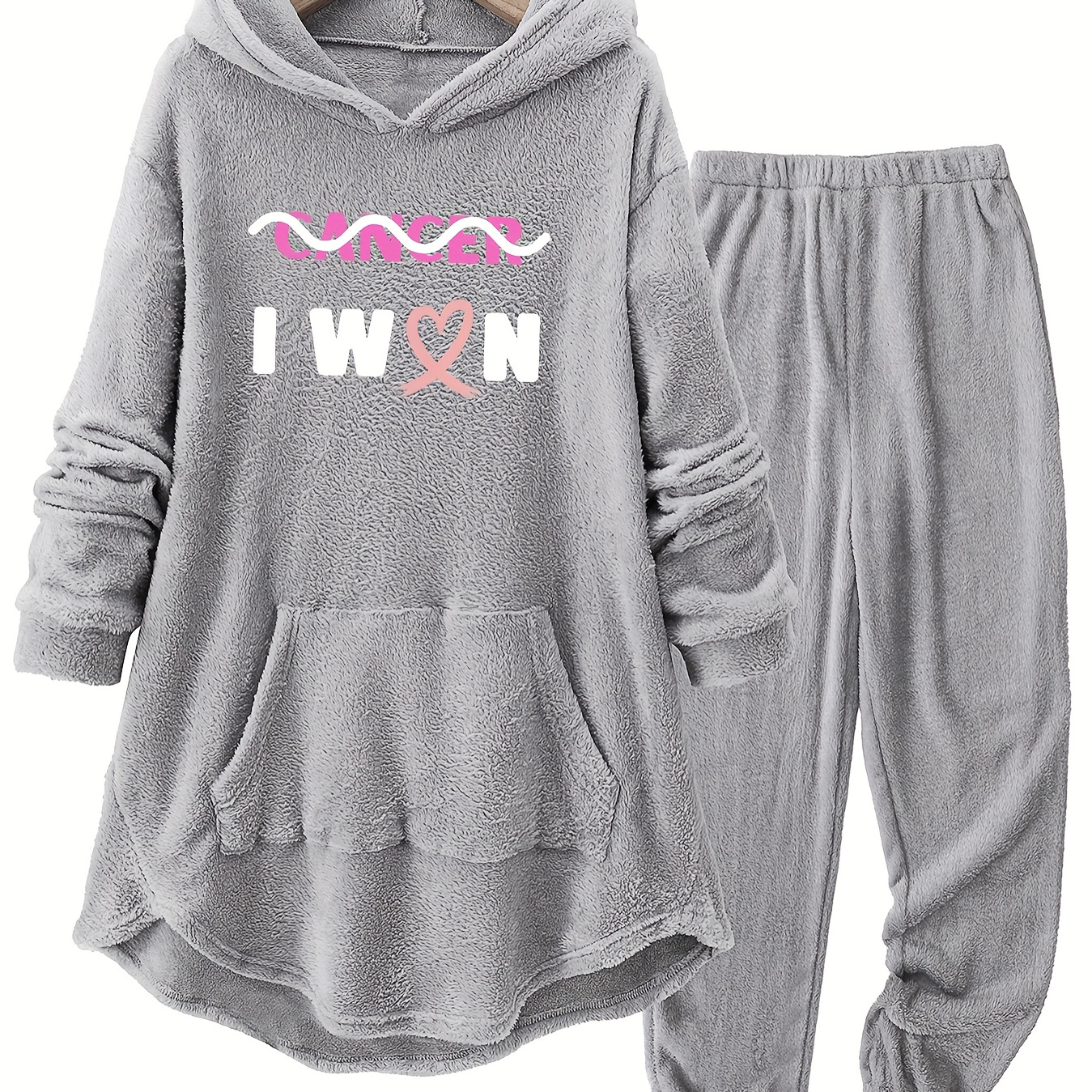 

1set Women's Plus Size Casual Polyester Pajama Set With Drawstring Hoodie And Jogger Bottoms - Comfortable Fleece Loungewear With " " Slogan Print And Pockets