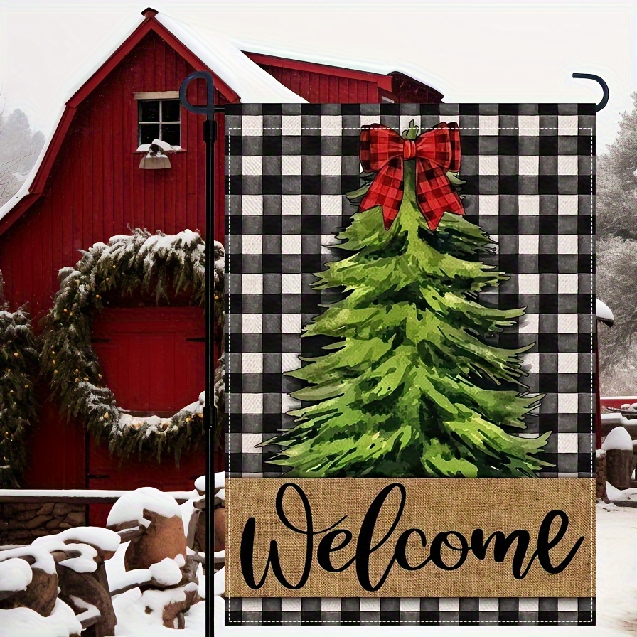 

1pcs, Welcome Christmas Pine Tree Vintage Gingham Garden Flag, Double Sided Yard Flags House Flags, Home Decor, Outside Decor, Yard Decor, Garden Decor, Holiday Decor, No Flagpole 12x18in