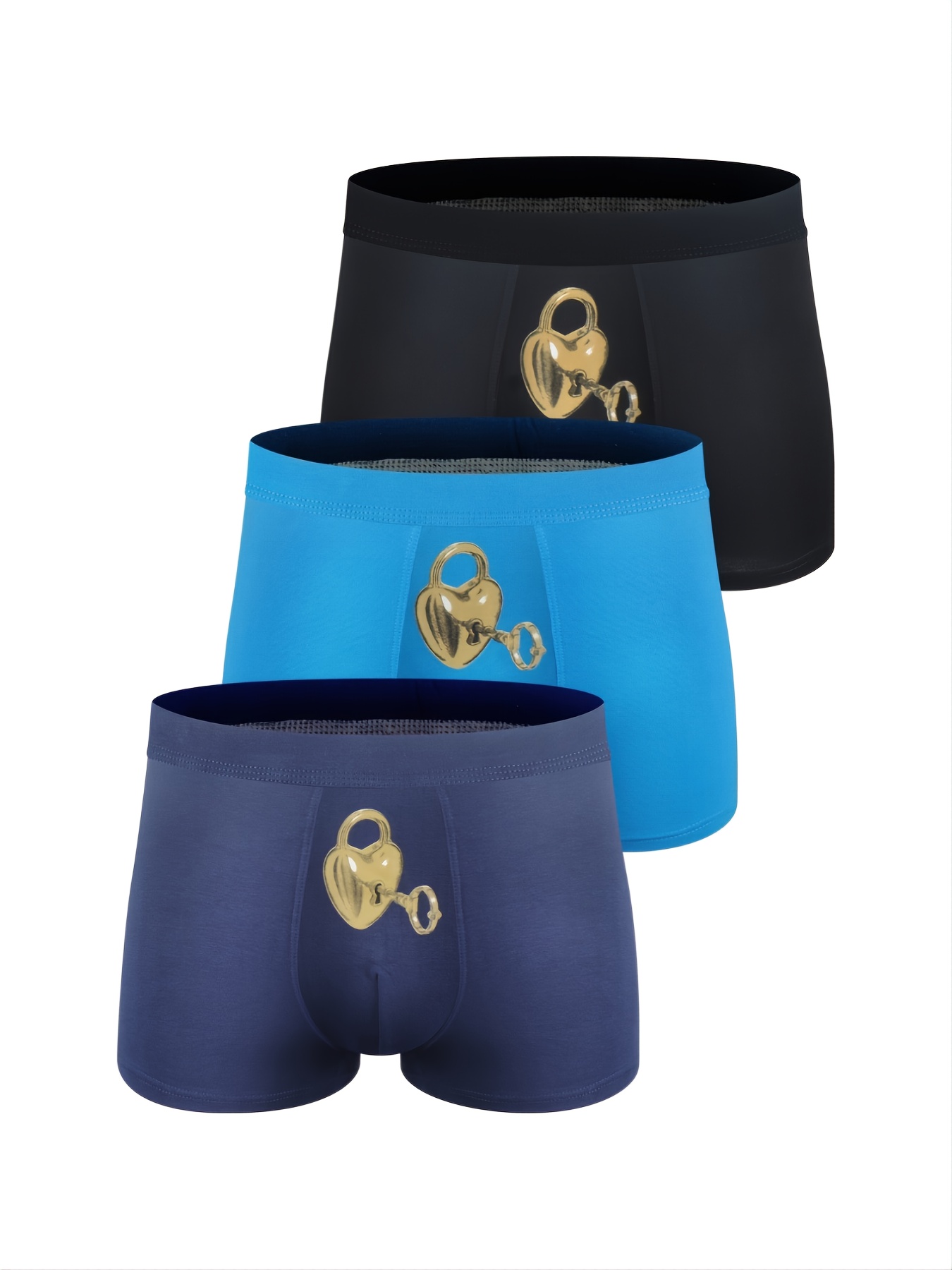3pcs Men's Heart Lock Graphic Cotton Boxer Briefs Underwear