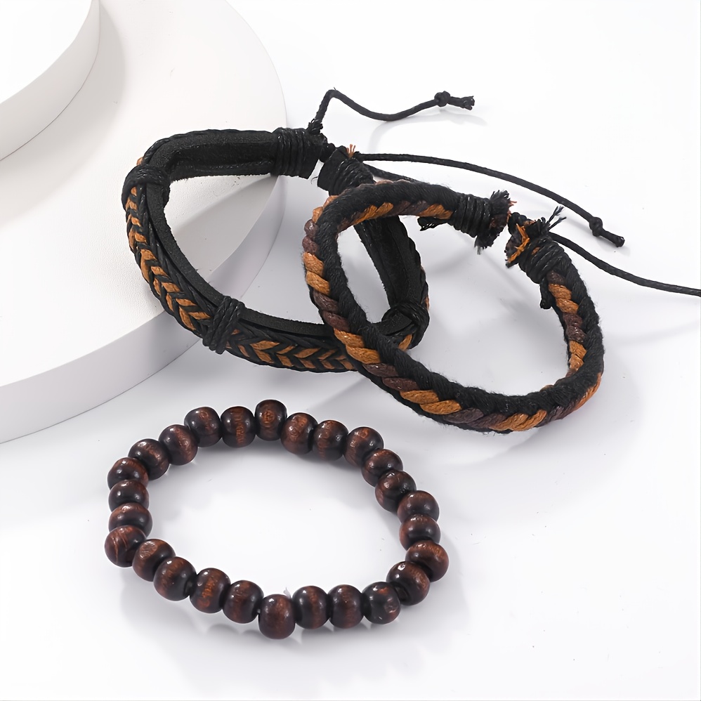 3Pcs/Set Fashion Woven Dark Brown Twine Bracelet,Temu