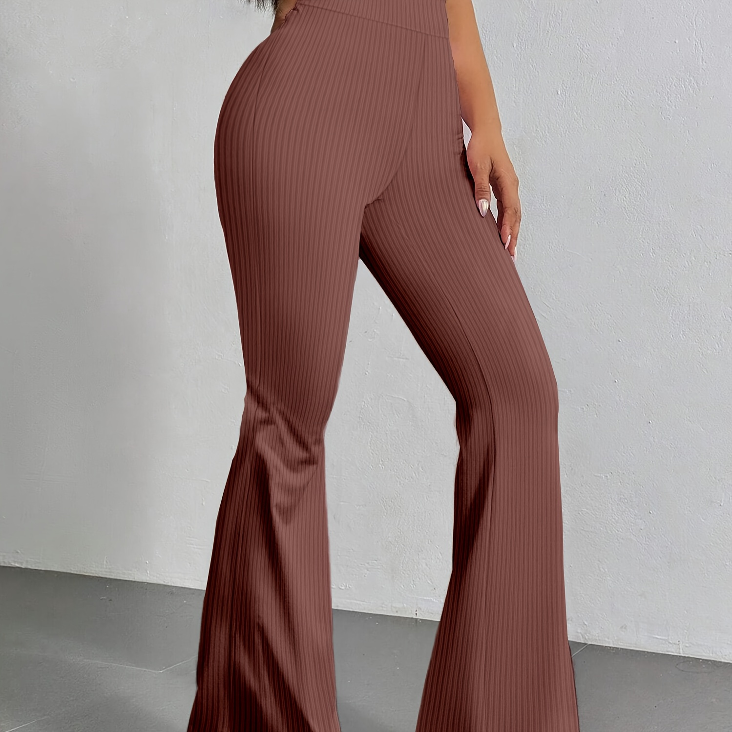 

High Waist Ribbed Polyester Spandex Flare Leg Pants, Casual Stretchy Yoga Bell Bottoms, Solid Color, Knit Fabric Trousers For Women