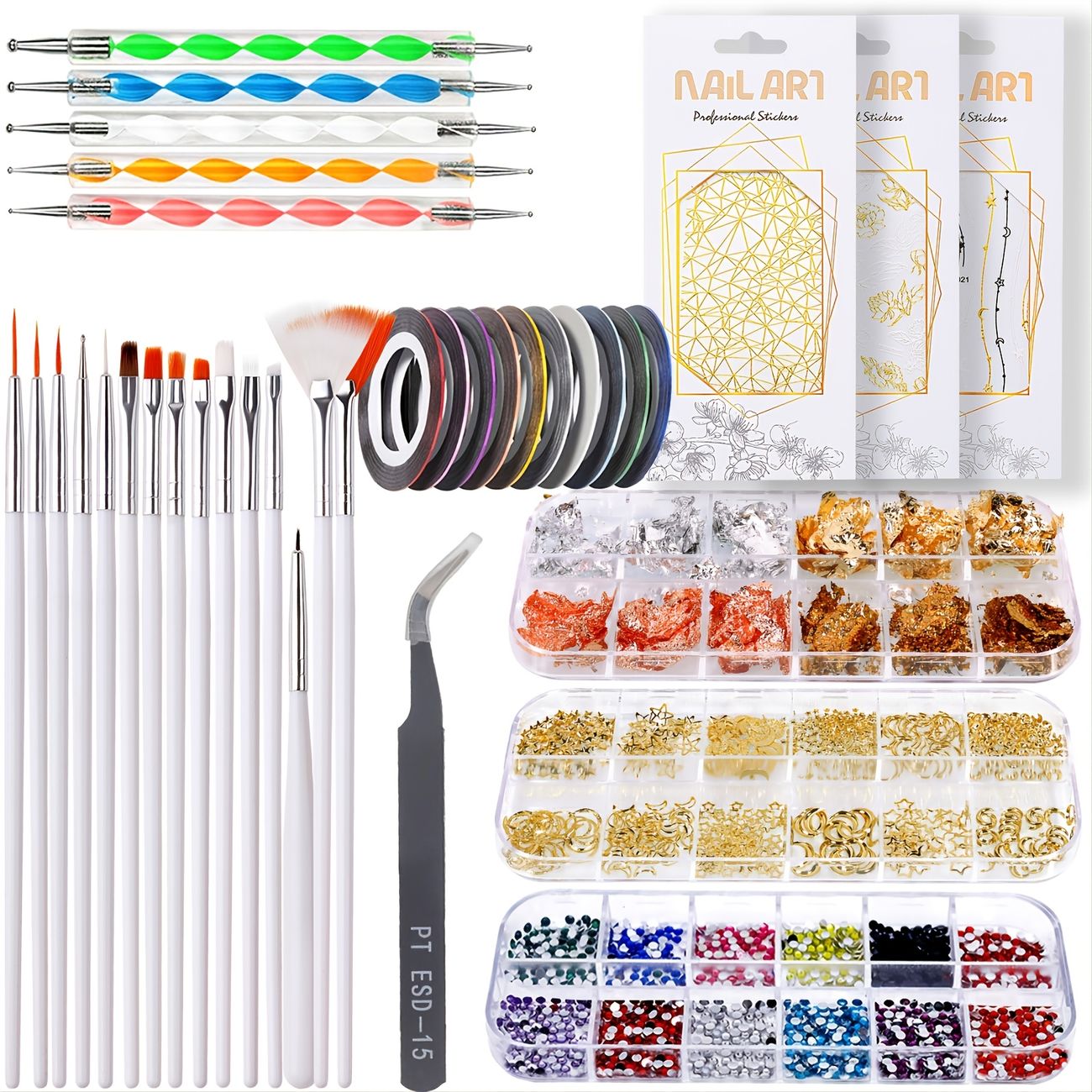 Nail Art Design Tools 3d Nail Art Decorations Kit With Nail Art Brushes  Dotting Tools Holographic Nail Art Stickers Nail Foil Tape Strips And Nails  Art Rhinestones And Pick Up Tweezers |