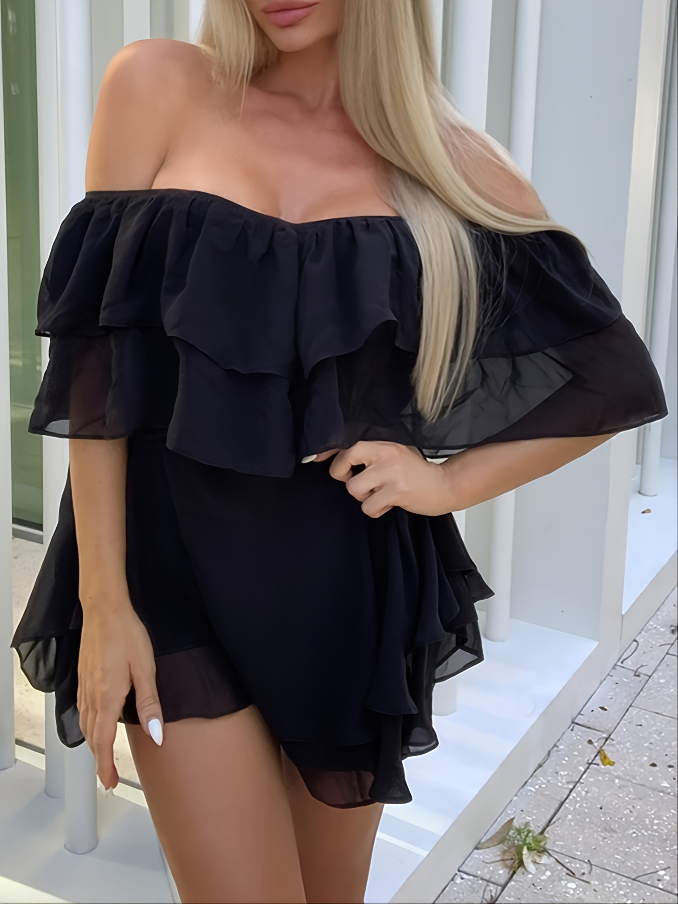 Off-the-Shoulder Ruffle Teddy - Black