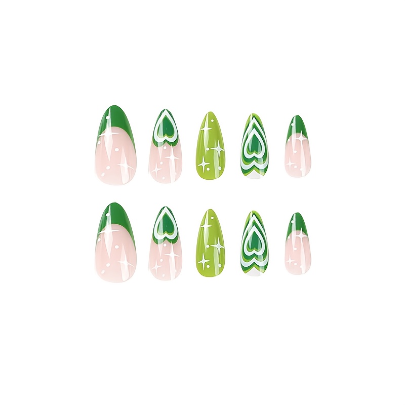 24pcs green press on nails medium almond fake nails with swirl heart and star design glossy full cover false nails for women and girls details 2