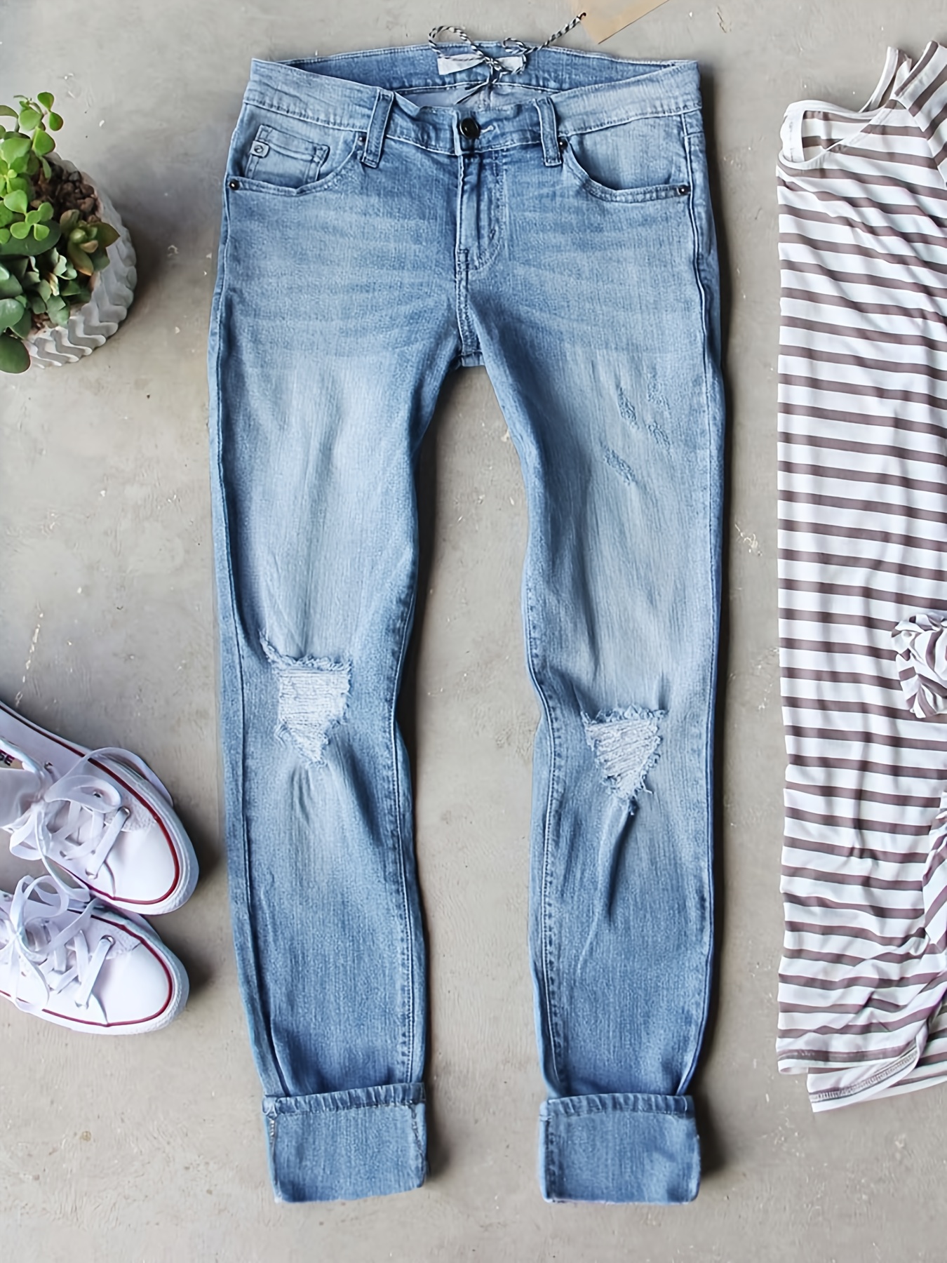 Jeans Ajustados Lavado Claro Efecto Desgastado Pantalones - Temu Mexico