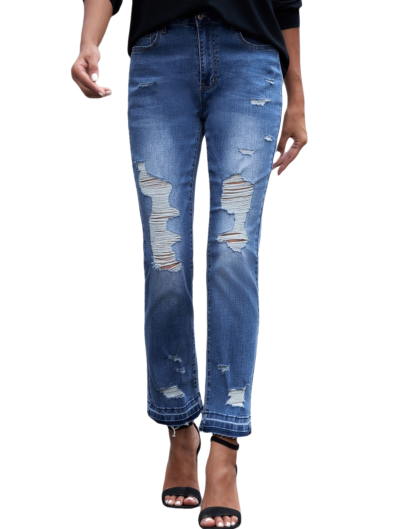 Dark Blue Ripped Straight Jeans, Distressed Loose Fit Slash Pockets Denim  Pants, Women's Denim Jeans & Clothing