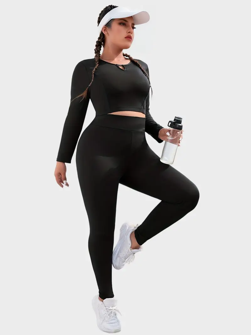 plus size sports outfits two piece set womens plus cut out solid long sleeve round neck high stretch top leggings outfits 2 piece set details 0