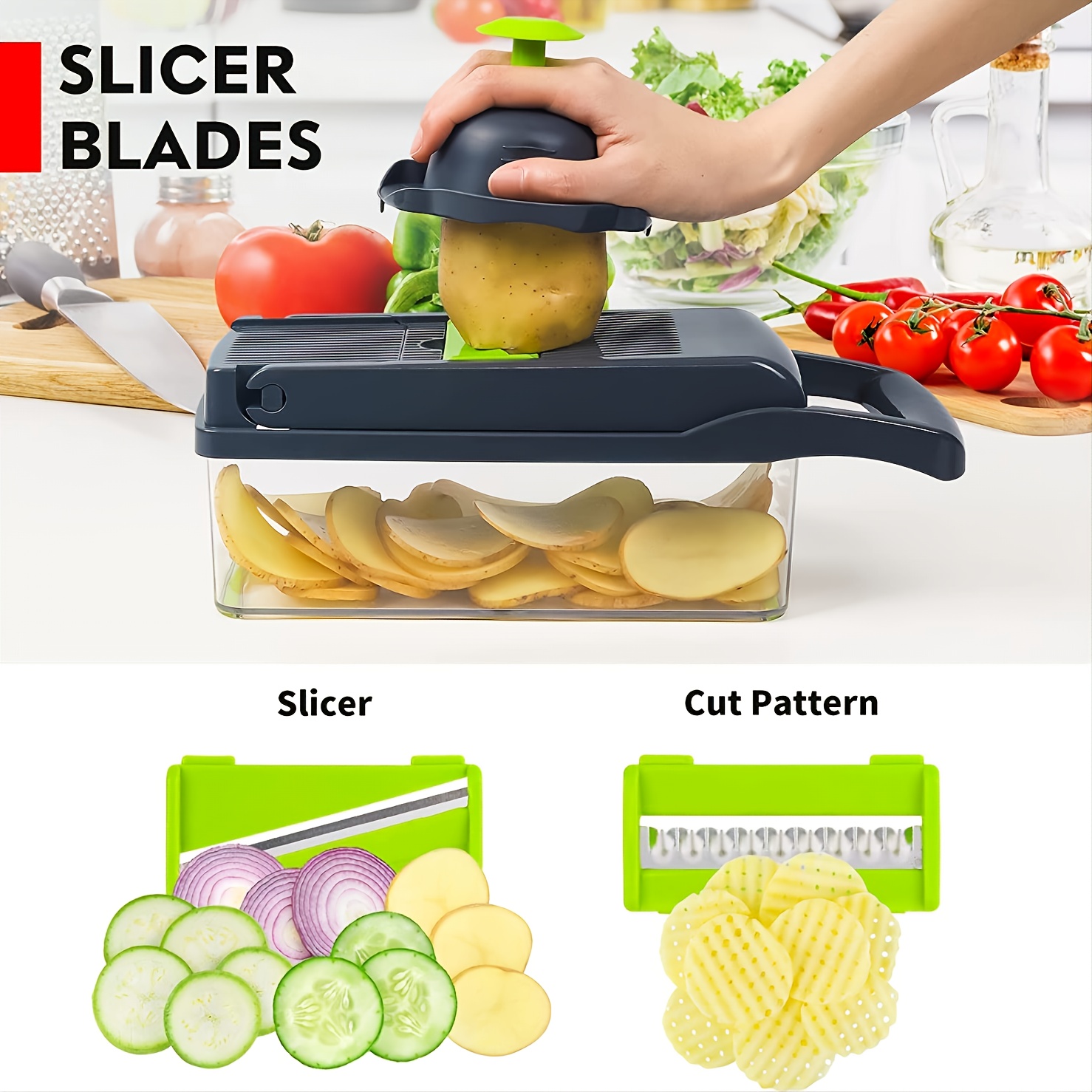 Vegetable Chopper - Vegetable Slicer - Fruit Chopper with Container - Pro  Soft Food Chopper - Green Slicer Dicer Cutter - 2 Blades