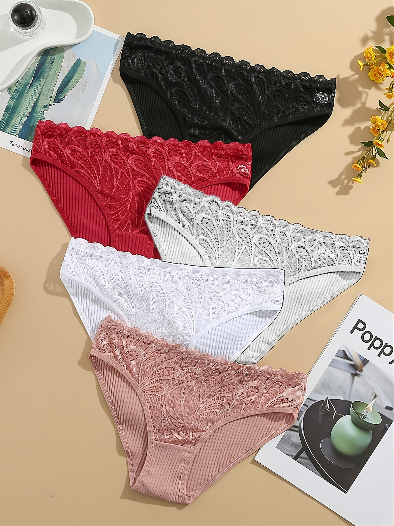 4pcs Fashion Sexy Panties Comfortable Briefs Exquisite Crotchless Shorts  Solid Lingerie Sexy Lace Hollow Out Underwear Women